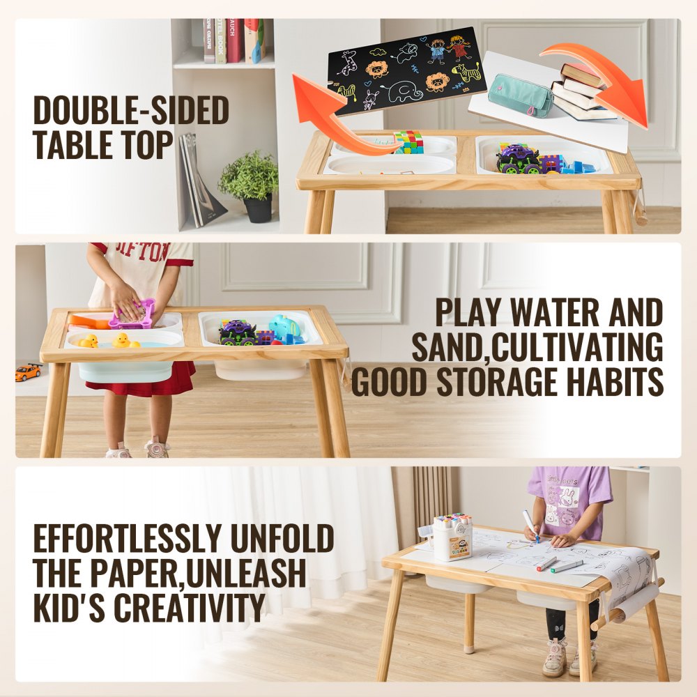 VEVOR Sensory Table for Toddlers, Kids Activity Table with 3 Foldable Storage Bins & Paper Roll Holder, Indoor/Outdoor Play Sand and Water Table, Wooden Kids Sensory Drawing Table, Gift for Boys Girls
