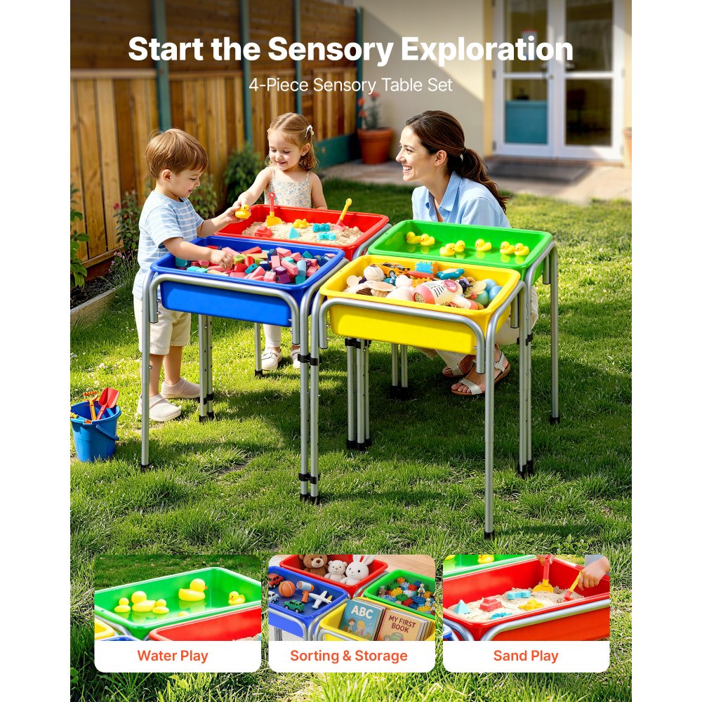 VEVOR Sensory Table for Toddlers, Kids 4-Station Sand and Water Adjustable Play Table with Detachable Storage Bins and Non-Slip Feet, Carbon Steel Frame, Rounded Corners, for Boys and Girls Exploring