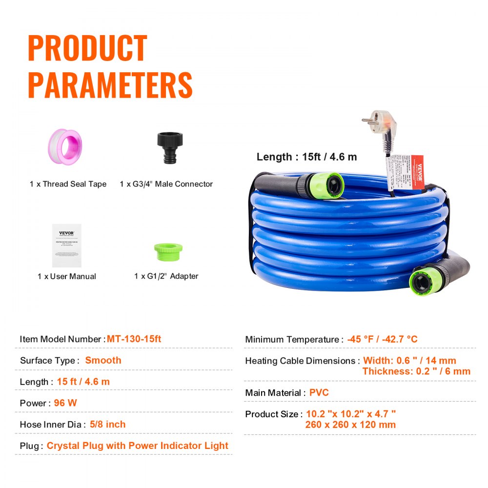 VEVOR 15ft Heated Water Hose for RV, Heated Drinking Water Hose Antifreeze to -45°F, Automatic Self-regulating, 5/8" I.D. with 3/4" GHT Adapter, Lead and BPA Free