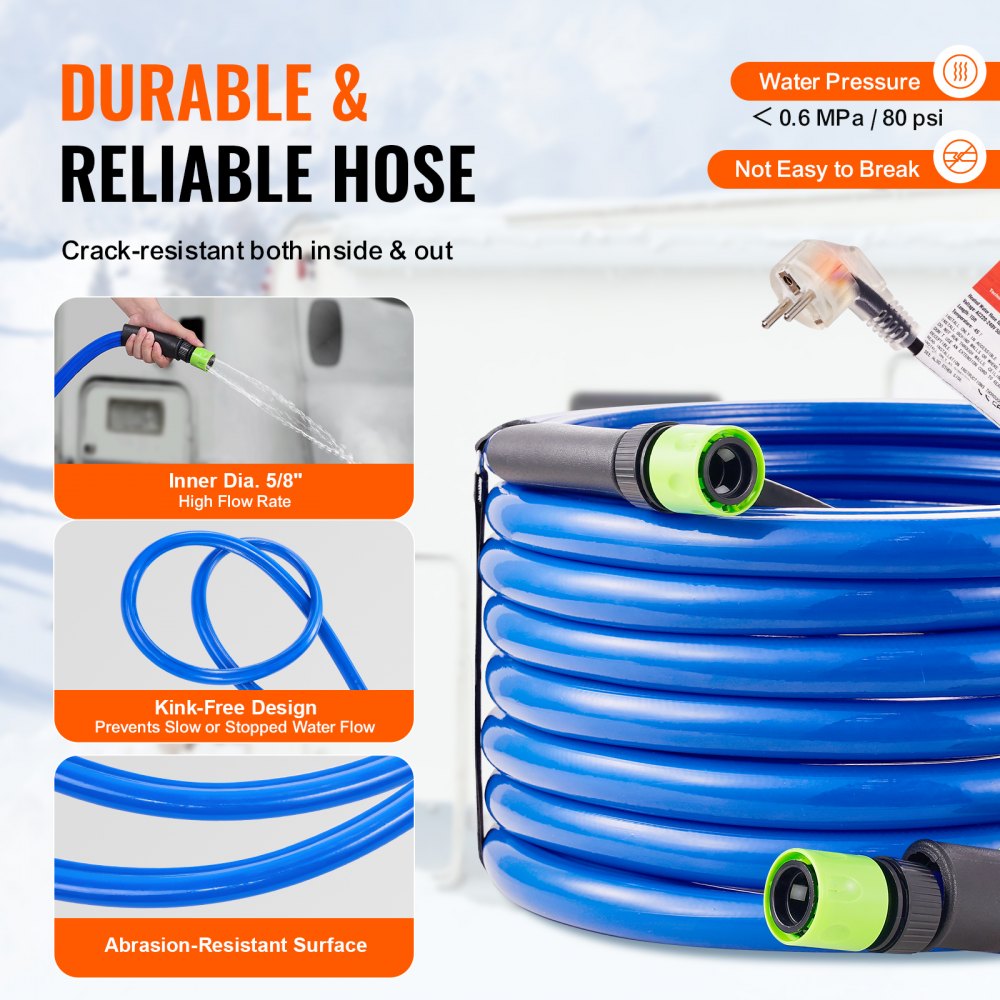 VEVOR 30ft Heated Water Hose for RV, Heated Drinking Water Hose Antifreeze to -45°F, Automatic Self-regulating, 5/8" I.D. with 3/4" GHT Adapter, Lead and BPA Free