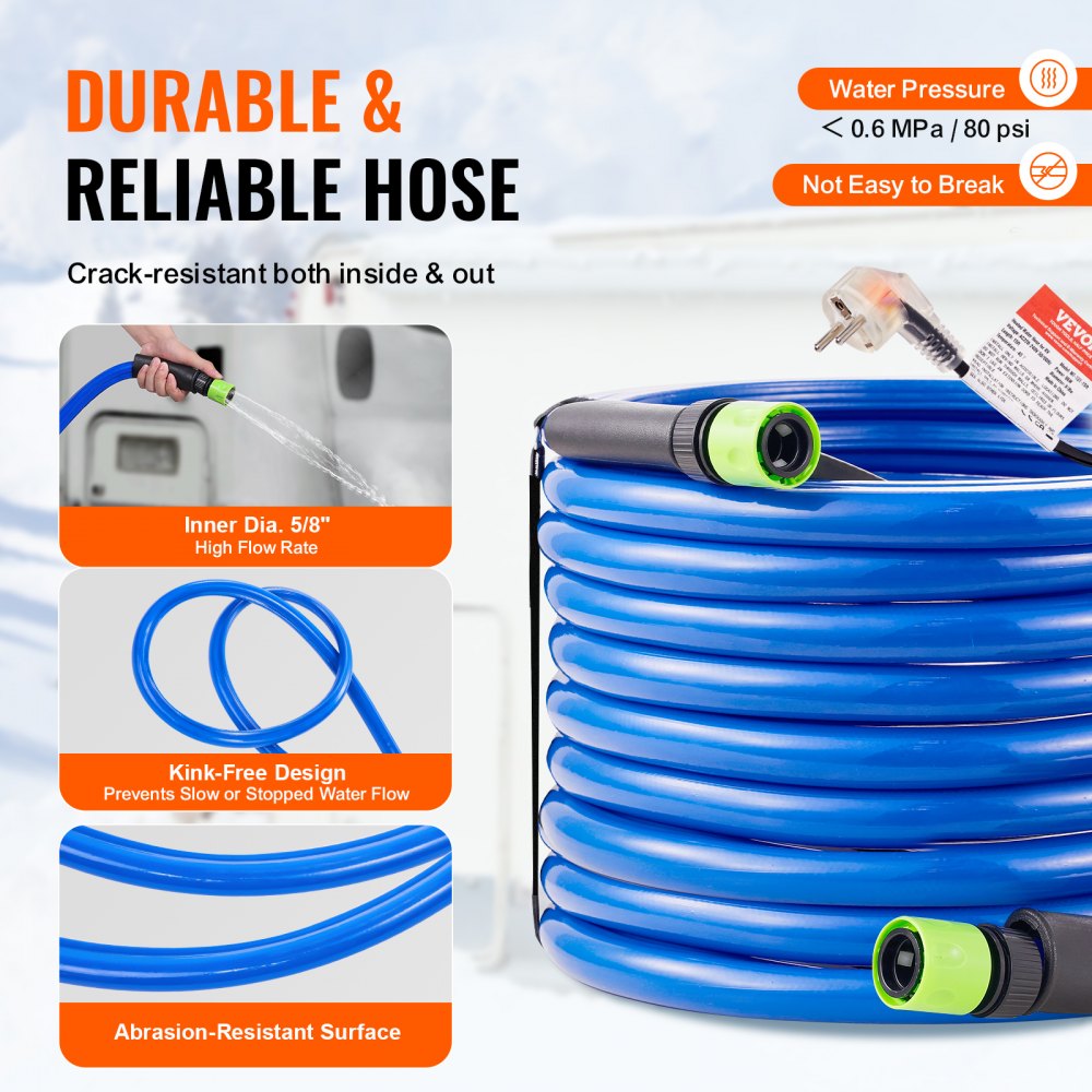 VEVOR 50ft Heated Water Hose for RV, Heated Drinking Water Hose Antifreeze to -45°F, Automatic Self-regulating, 5/8" I.D. with 3/4" GHT Adapter, Lead and BPA Free