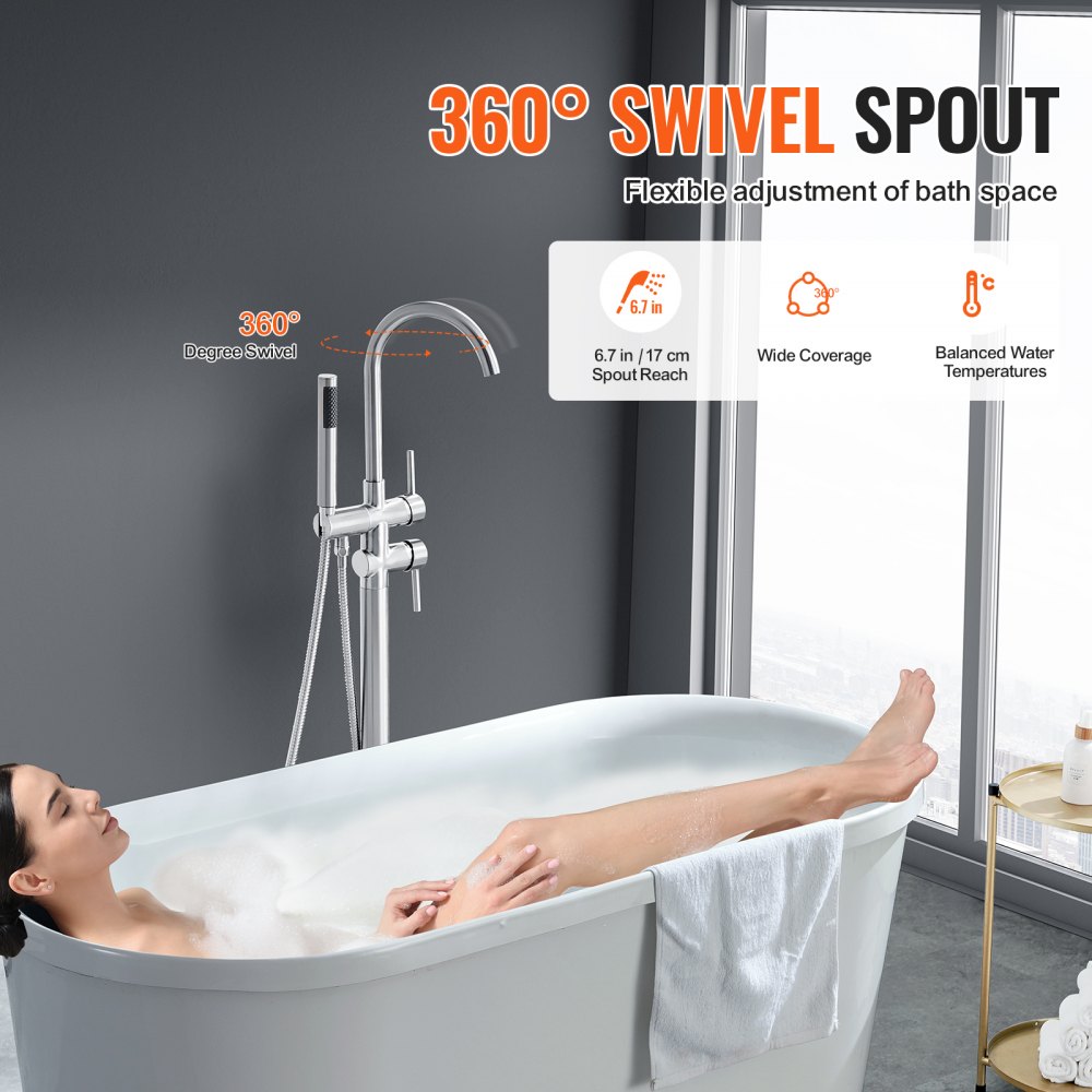 VEVOR Freestanding Bathtub Faucet, Floor Mount, Freestanding Tub Filler, Shower Mixer Taps, Two Water Modes, 360° Swivel Spout, for Bathing & Showering Pet Bathing Cleaning Drains Toilet Flushing