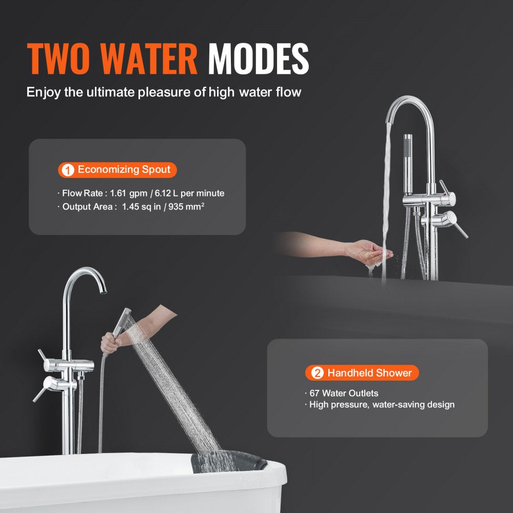 VEVOR Freestanding Bathtub Faucet, Floor Mount, Freestanding Tub Filler, Shower Mixer Taps, Two Water Modes, 360° Swivel Spout, for Bathing & Showering Pet Bathing Cleaning Drains Toilet Flushing
