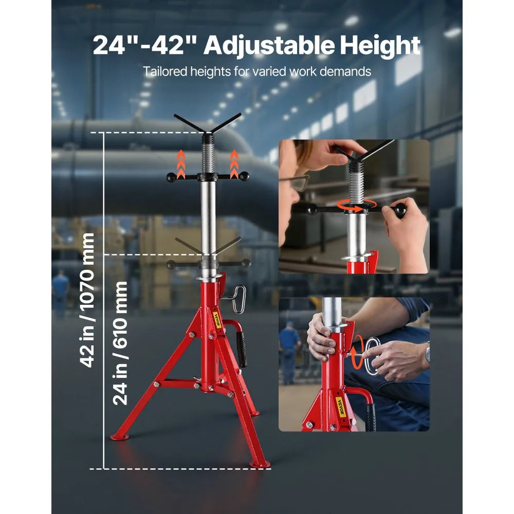 VEVOR V Head Pipe Stand 1/8-12 inch Capacity, Adjustable Height 24-42 inch, Pipe Jack Stands 2500 lbs Load Capacity, Portable Folding Pipe Stands, Carbon Steel Body More Durable