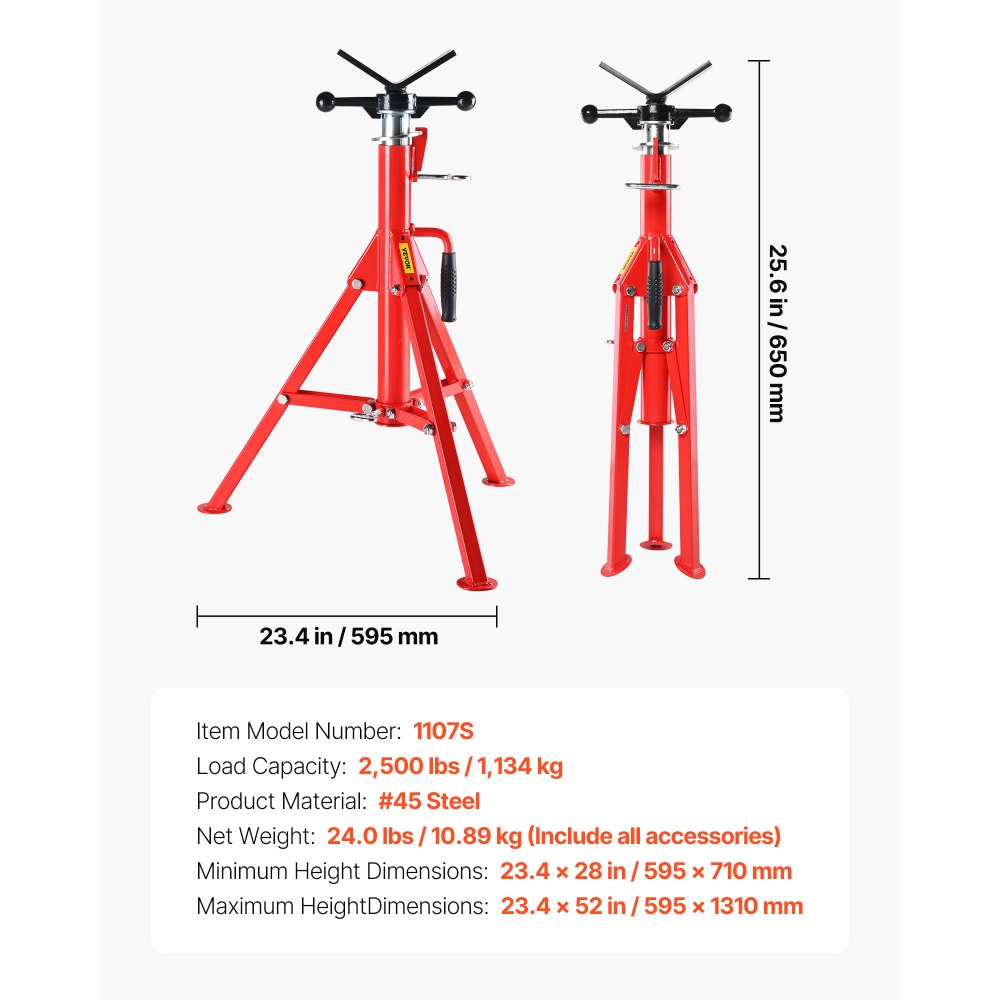 VEVOR V Head Pipe Stand 1/8-12 inch Capacity, Adjustable Height 28-52 inch, Pipe Jack Stands 2500 lbs Load Capacity, Portable Folding Pipe Stands, Carbon Steel Body More Durable
