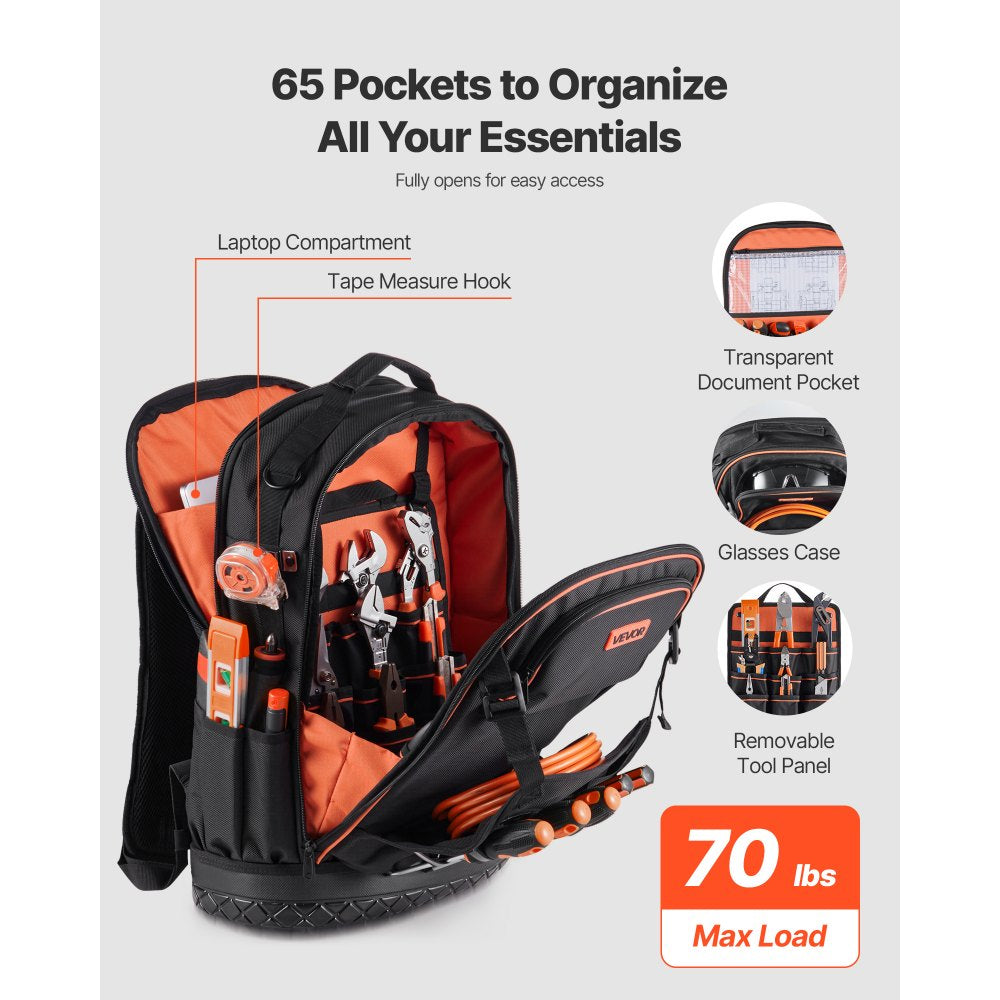 VEVOR Tool Backpack, 65 Pockets, Heavy-duty Tools Storage Organizer Work Bags with Laptop Compartment & Molded Base, Electrician Jobsite Backpack for Electrician, Repairman, and HVAC Techs