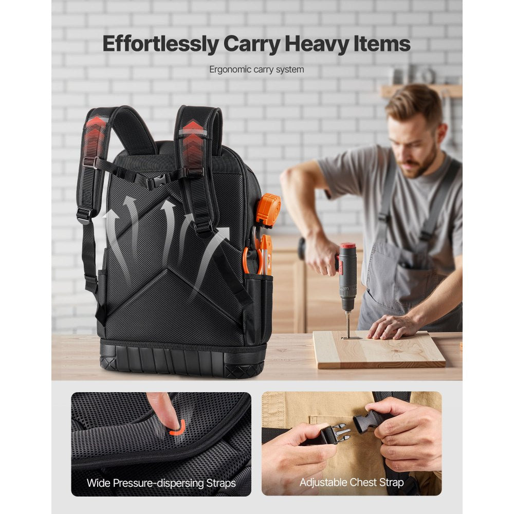 VEVOR Tool Backpack, 65 Pockets, Heavy-duty Tools Storage Organizer Work Bags with Laptop Compartment & Molded Base, Electrician Jobsite Backpack for Electrician, Repairman, and HVAC Techs