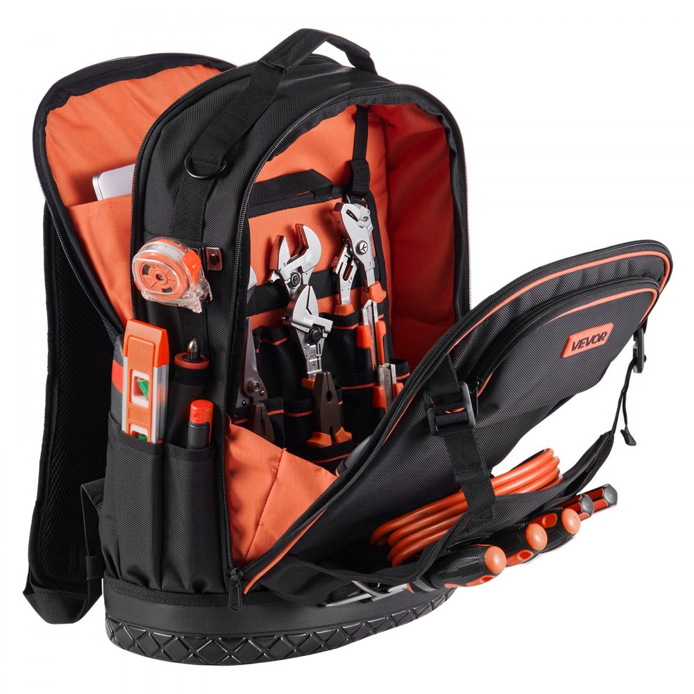 VEVOR Tool Backpack, 65 Pockets, Heavy-duty Tools Storage Organizer Work Bags with Laptop Compartment & Molded Base, Electrician Jobsite Backpack for Electrician, Repairman, and HVAC Techs