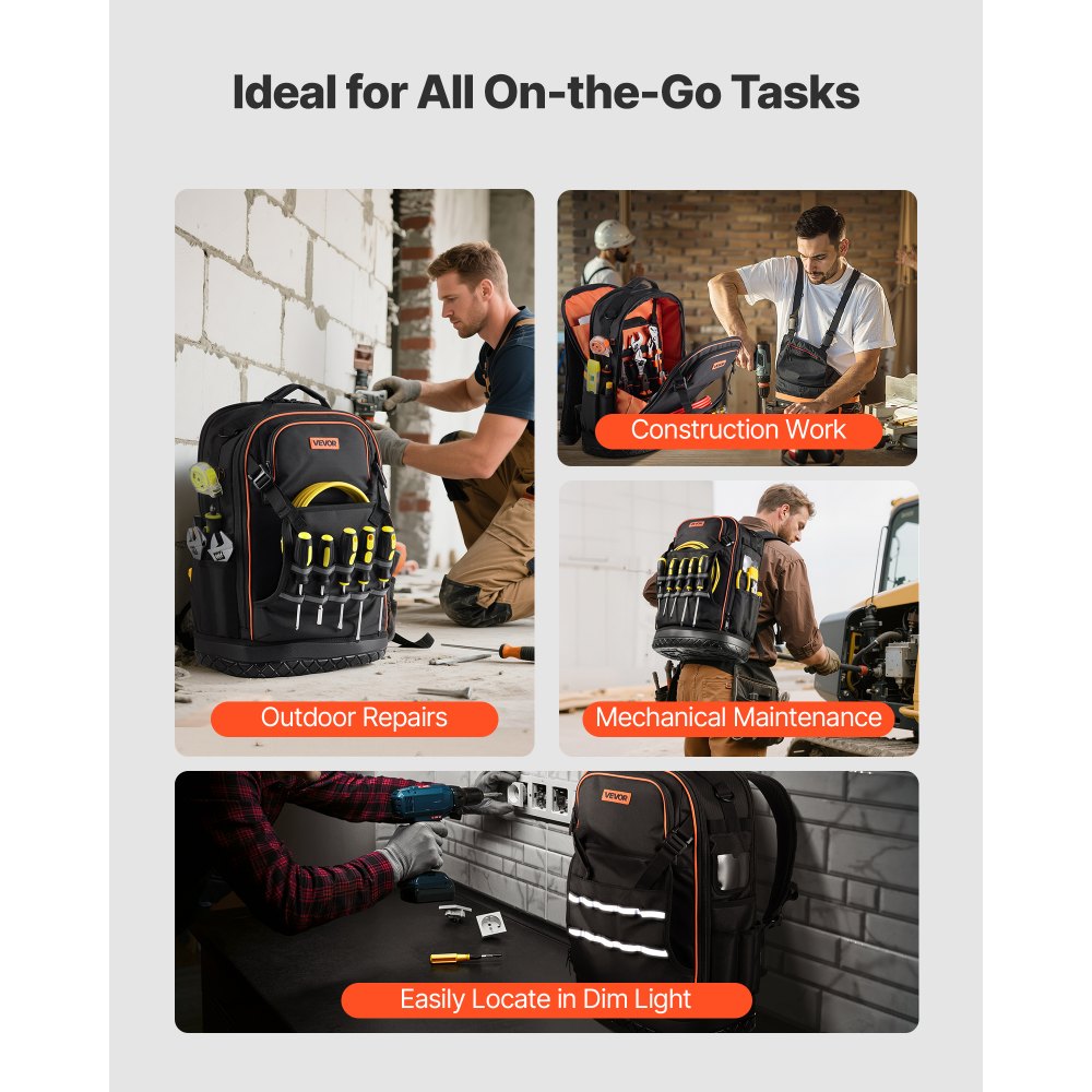 VEVOR Tool Backpack with Tools, 65 Pockets, Heavy-duty Tools Storage Organizer Bags with Laptop Compartment & Molded Base, Electrician Jobsite Backpack for Electrician, Repairman, and HVAC Techs