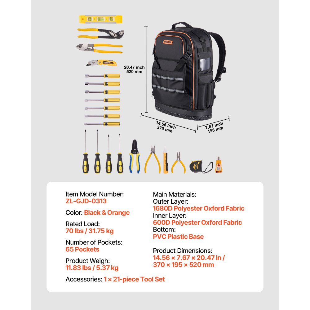 VEVOR Tool Backpack with Tools, 65 Pockets, Heavy-duty Tools Storage Organizer Bags with Laptop Compartment & Molded Base, Electrician Jobsite Backpack for Electrician, Repairman, and HVAC Techs