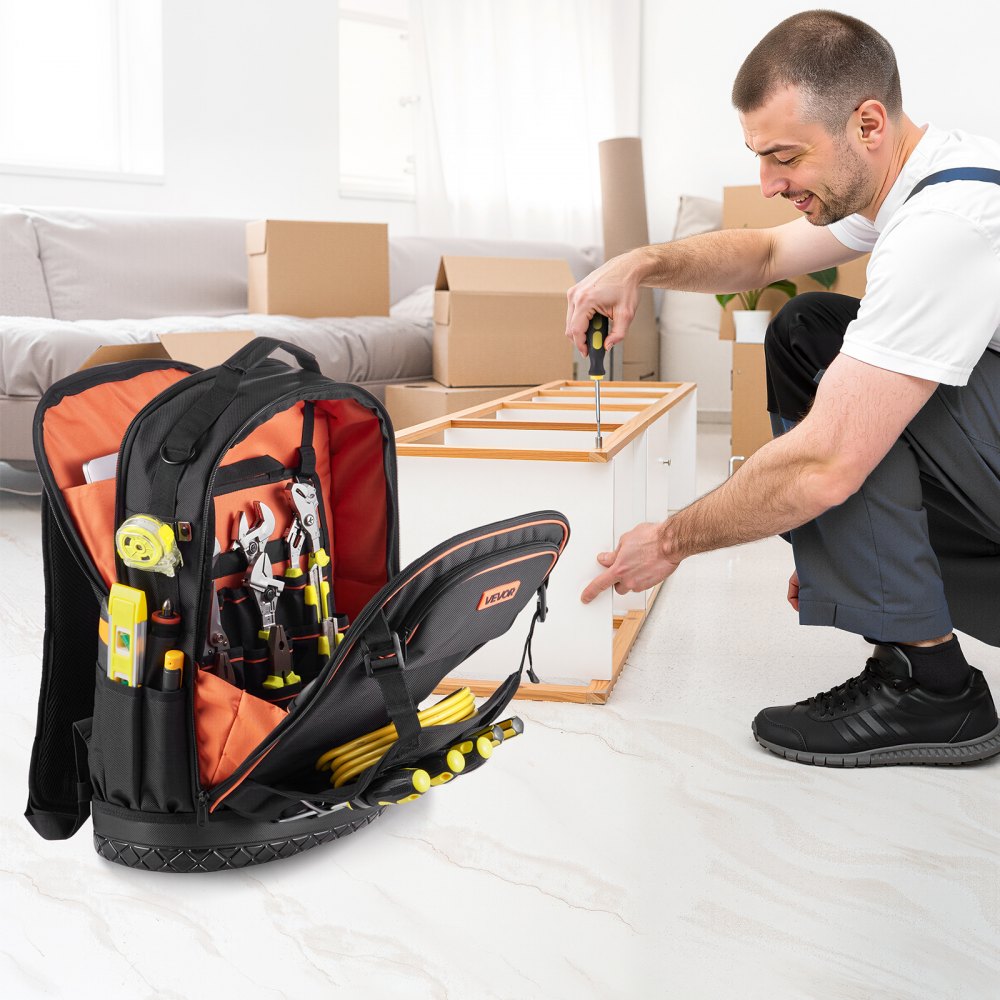 VEVOR Tool Backpack with Tools, 65 Pockets, Heavy-duty Tools Storage Organizer Bags with Laptop Compartment & Molded Base, Electrician Jobsite Backpack for Electrician, Repairman, and HVAC Techs