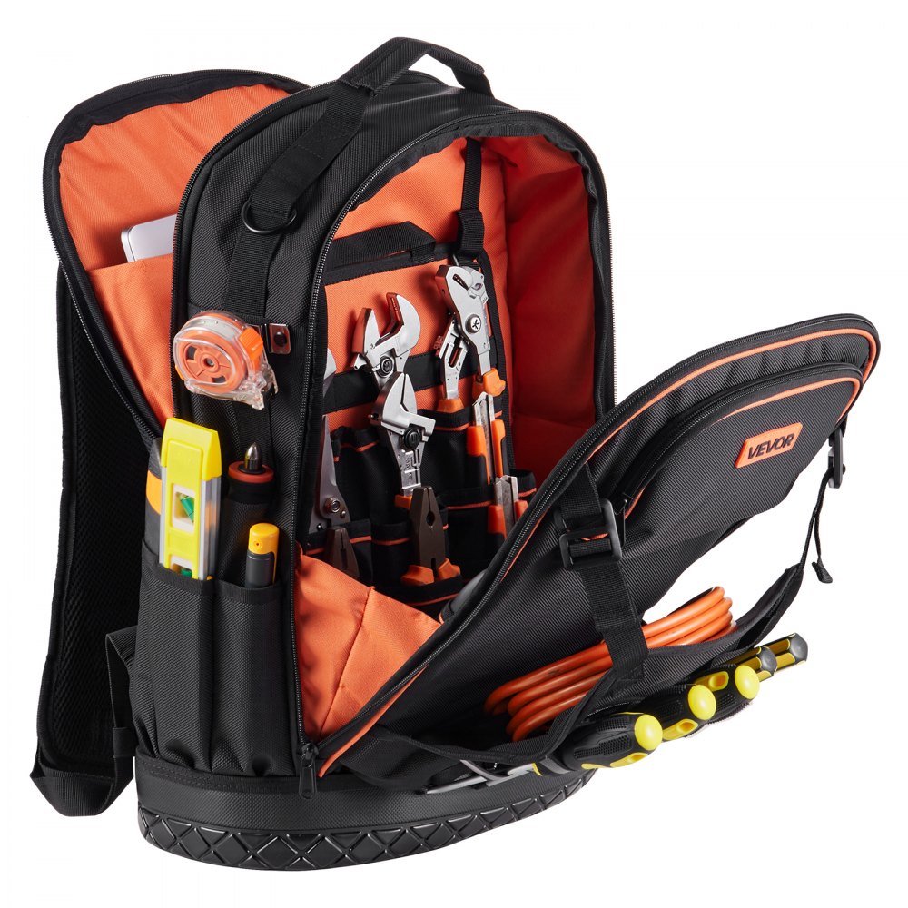 VEVOR Tool Backpack with Tools, 65 Pockets, Heavy-duty Tools Storage Organizer Bags with Laptop Compartment & Molded Base, Electrician Jobsite Backpack for Electrician, Repairman, and HVAC Techs