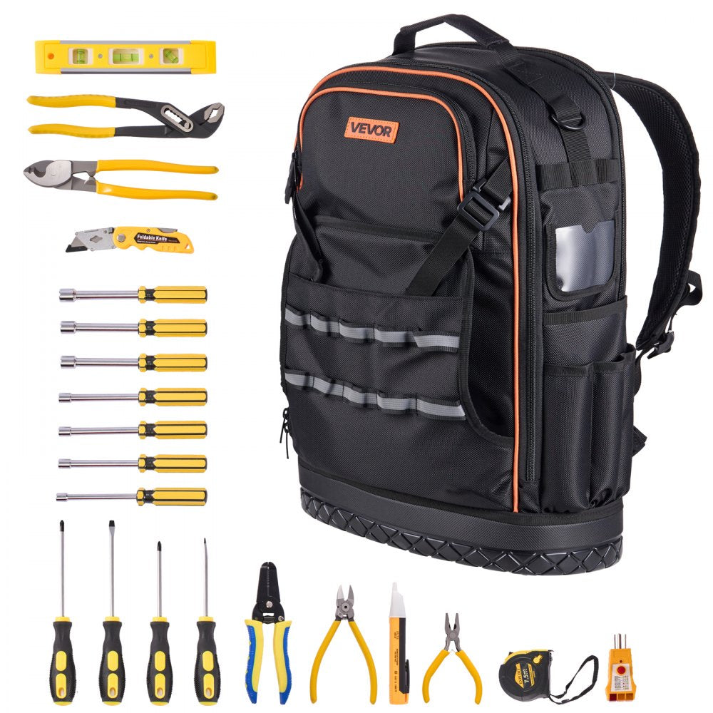 VEVOR Tool Backpack with Tools, 65 Pockets, Heavy-duty Tools Storage Organizer Bags with Laptop Compartment & Molded Base, Electrician Jobsite Backpack for Electrician, Repairman, and HVAC Techs
