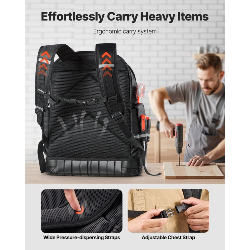 VEVOR Tool Backpack, 64 Pockets, Heavy-duty Tools Storage Organizer Work Bags with Laptop Compartment & Molded Base, Electrician Jobsite Backpack for Electrician, Repairman, and HVAC Techs