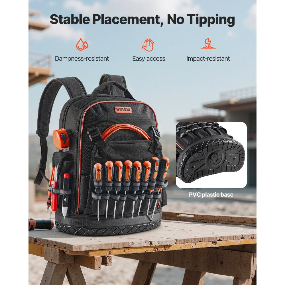 VEVOR Tool Backpack, 64 Pockets, Heavy-duty Tools Storage Organizer Work Bags with Laptop Compartment & Molded Base, Electrician Jobsite Backpack for Electrician, Repairman, and HVAC Techs