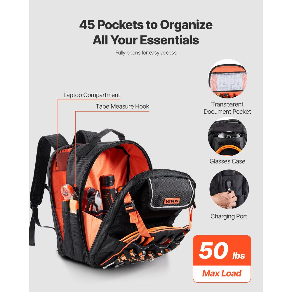 VEVOR Tool Backpack, 45 Pockets, Heavy-duty Tools Storage Organizer Work Bags with Laptop Compartment & Reinforced Fabric Basee, Electrician Jobsite Backpack for Electrician, Repairman
