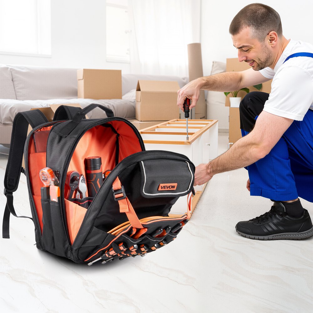 VEVOR Tool Backpack, 45 Pockets, Heavy-duty Tools Storage Organizer Work Bags with Laptop Compartment & Reinforced Fabric Basee, Electrician Jobsite Backpack for Electrician, Repairman