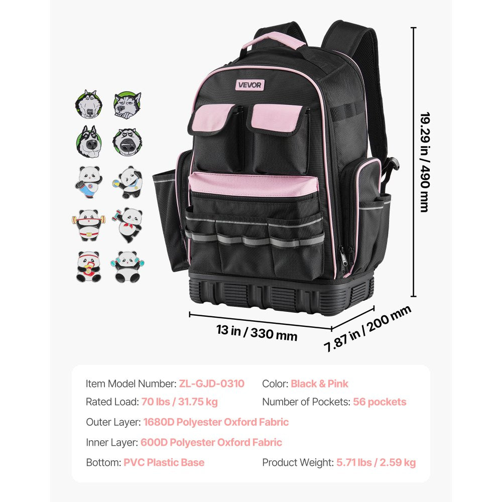 VEVOR Tool Backpack, 56 Pockets, Heavy-duty Tools Storage Organizer Work Bags with Laptop Compartment & Molded Base, Electrician Jobsite Backpack for Electrician, Repairman, and HVAC Techs