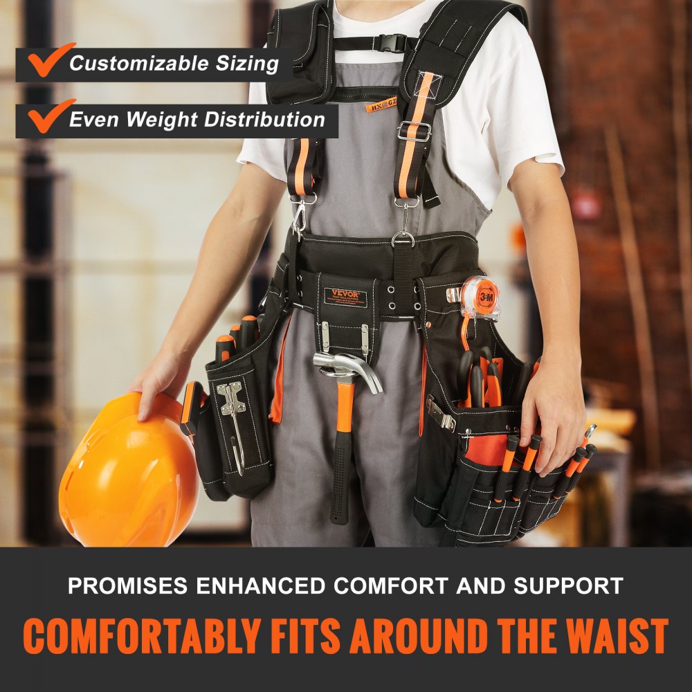 VEVOR Tool Belt with Suspenders 1680D Polyester, 29 Pockets, 29-54 inches Adjustable Waist Size, Tool Belts for Men, Heavy Duty Carpenter Tool Pouch for Carpenters, Electricians, and Gardening, Black