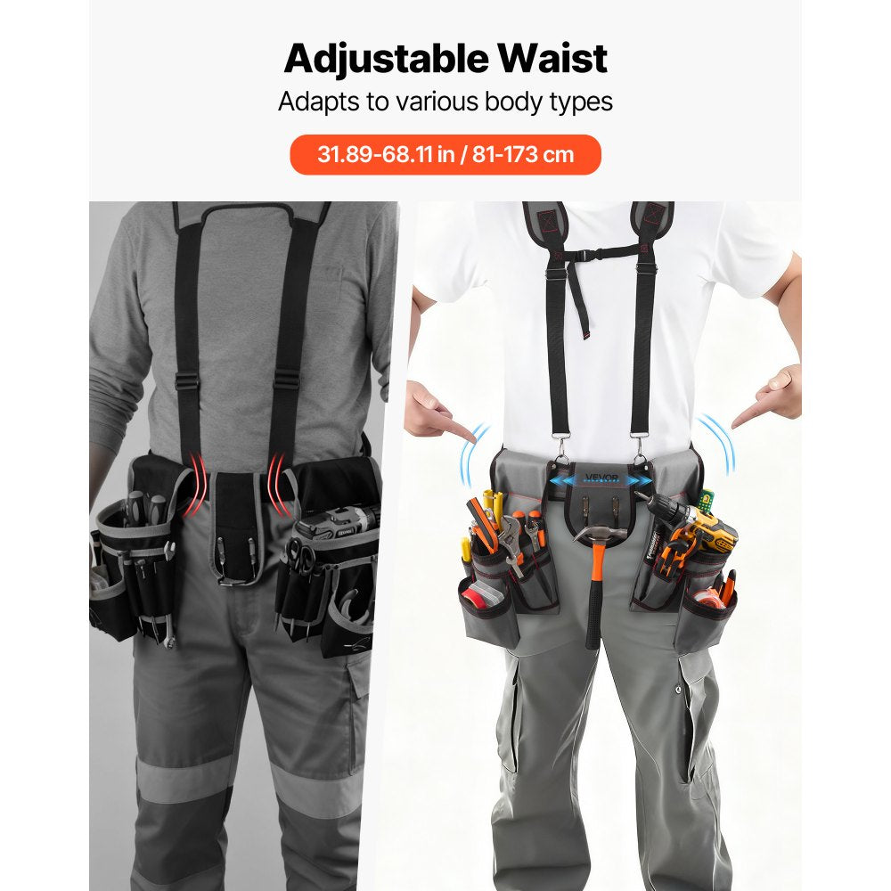VEVOR Tool Belt, 22 Pockets Tool Pouch with Suspenders for Men, Heavy Duty Adjustable Utility Belt Bag Suspenders for Electrician, Carpenter, Construction, Work Apron Organizer Waist Adjust 32 to 68in