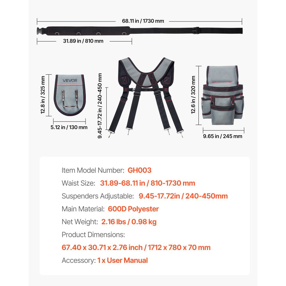 VEVOR Tool Belt, 22 Pockets Tool Pouch with Suspenders for Men, Heavy Duty Adjustable Utility Belt Bag Suspenders for Electrician, Carpenter, Construction, Work Apron Organizer Waist Adjust 32 to 68in