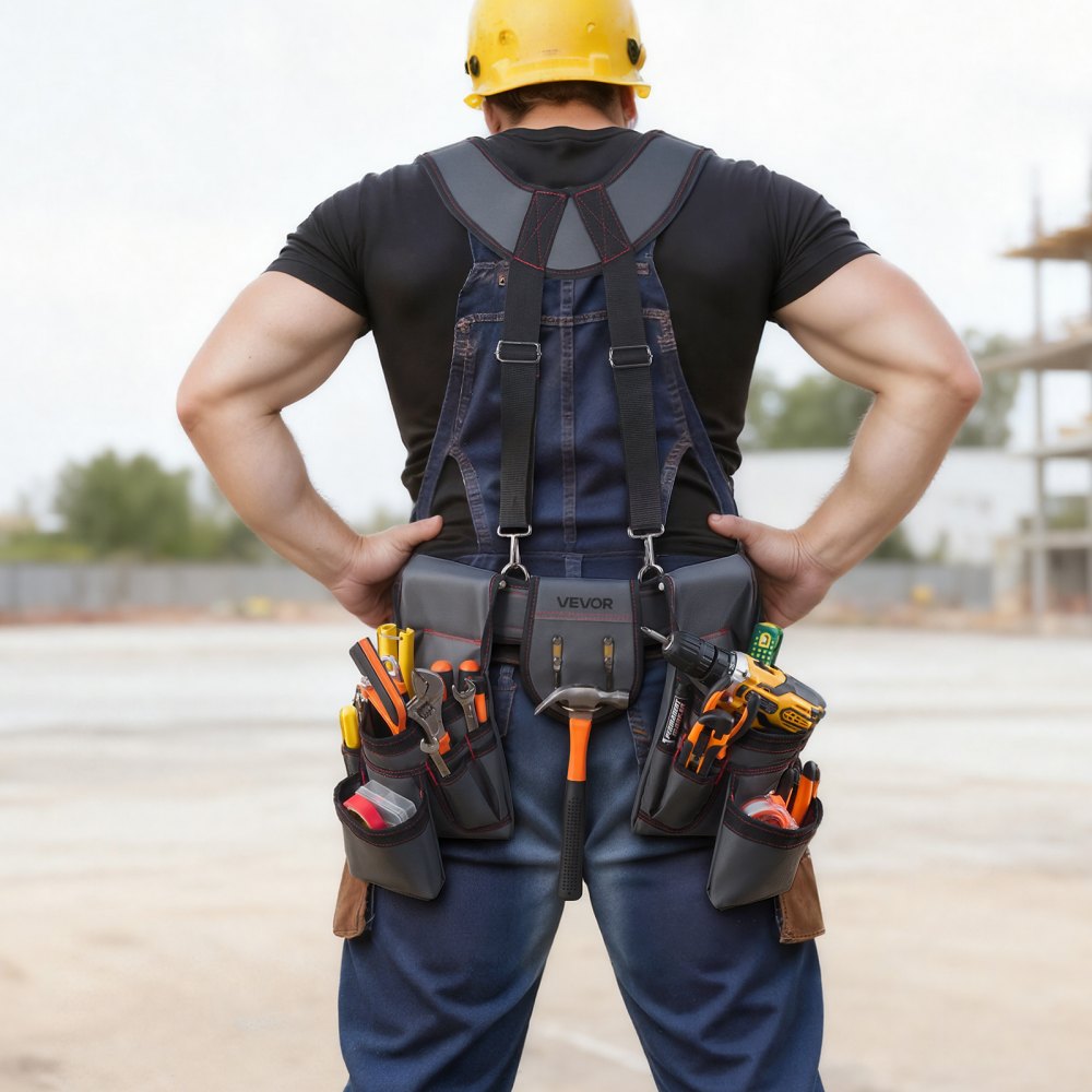VEVOR Tool Belt, 22 Pockets Tool Pouch with Suspenders for Men, Heavy Duty Adjustable Utility Belt Bag Suspenders for Electrician, Carpenter, Construction, Work Apron Organizer Waist Adjust 32 to 68in