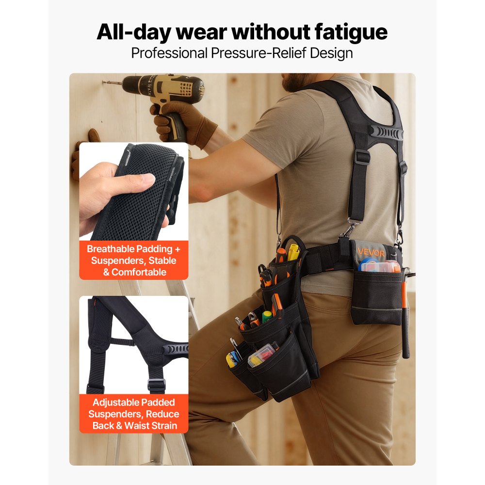 VEVOR Tool Belt, 19 Pockets Tool Pouch with Suspenders for Men, Heavy Duty Adjustable Utility Belt Work Bag Detachable Suspension Rig for Electrician, Carpenter, Construction, Adjust Waist 31 to 51in