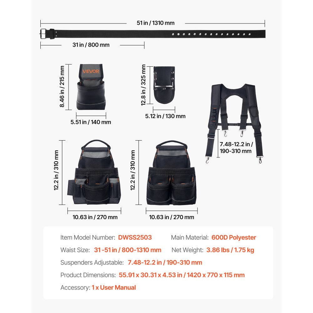 VEVOR Tool Belt, 19 Pockets Tool Pouch with Suspenders for Men, Heavy Duty Adjustable Utility Belt Work Bag Detachable Suspension Rig for Electrician, Carpenter, Construction, Adjust Waist 31 to 51in
