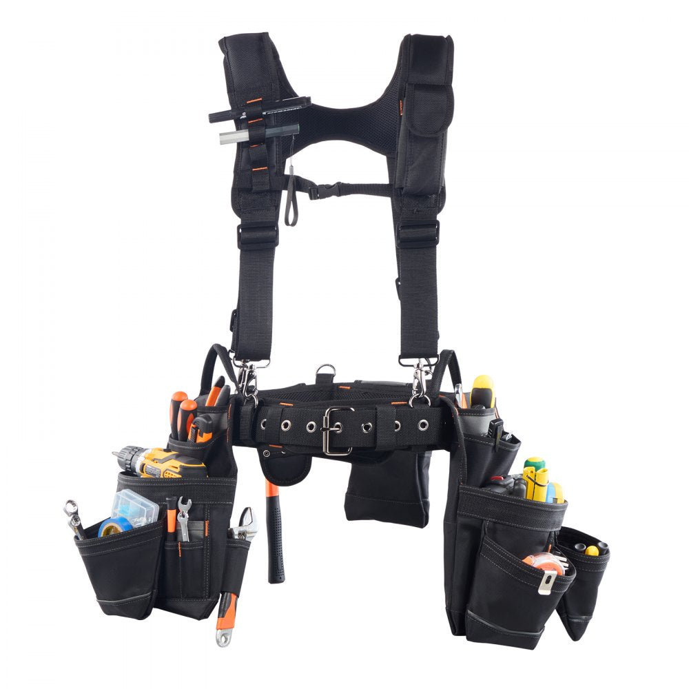 VEVOR Tool Belt, 19 Pockets Tool Pouch with Suspenders for Men, Heavy Duty Adjustable Utility Belt Work Bag Detachable Suspension Rig for Electrician, Carpenter, Construction, Adjust Waist 31 to 51in