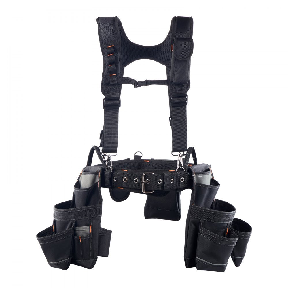 VEVOR Tool Belt, 19 Pockets Tool Pouch with Suspenders for Men, Heavy Duty Adjustable Utility Belt Work Bag Detachable Suspension Rig for Electrician, Carpenter, Construction, Adjust Waist 31 to 51in