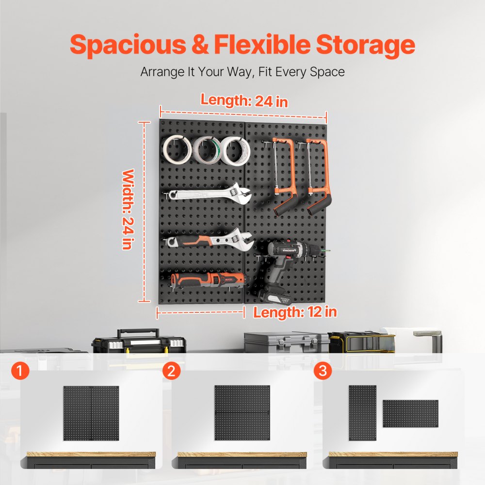 VEVOR Metal Pegboard Panels, 24" x 12" Pegboard, 2 Panels, Heavy Duty Peg Board Wall Organizer with Accessories, for Living Room Garage Tool Storage Office Organization Craft Room Kitchen Home, Black