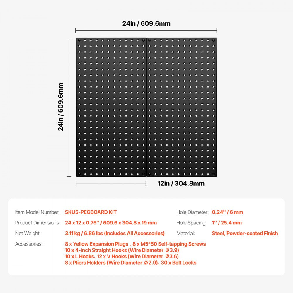 VEVOR Metal Pegboard Panels, 24" x 12" Pegboard, 2 Panels, Heavy Duty Peg Board Wall Organizer with Accessories, for Living Room Garage Tool Storage Office Organization Craft Room Kitchen Home, Black