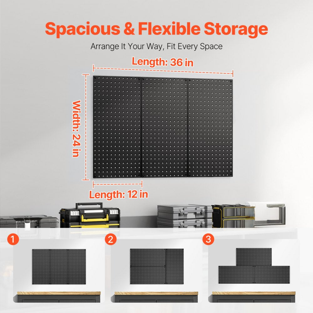 VEVOR Metal Pegboard Panels, 24" x 12" Pegboard, 3 Panels, Heavy Duty Steel Peg Board Wall Organizer, for Living Room Garage Tool Storage Workbench Office Organization Craft Room Kitchen Home, Black