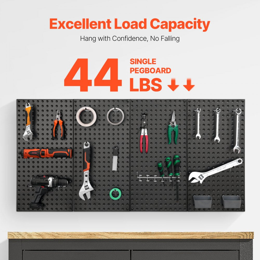 VEVOR Metal Pegboard Panels, 24" x 12" Pegboard, 4 Panels, Heavy Duty Peg Board Wall Organizer with Accessories, for Living Room Garage Tool Storage Office Organization Craft Room Kitchen Home, Black