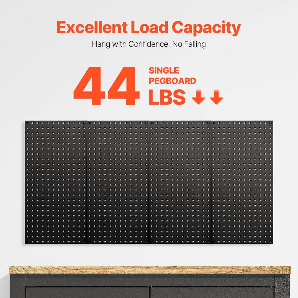 VEVOR Metal Pegboard Panels, 24" x 12" Pegboard, 4 Panels, Heavy Duty Steel Peg Board Wall Organizer, for Living Room Garage Tool Storage Workbench Office Organization Craft Room Kitchen Home, Black