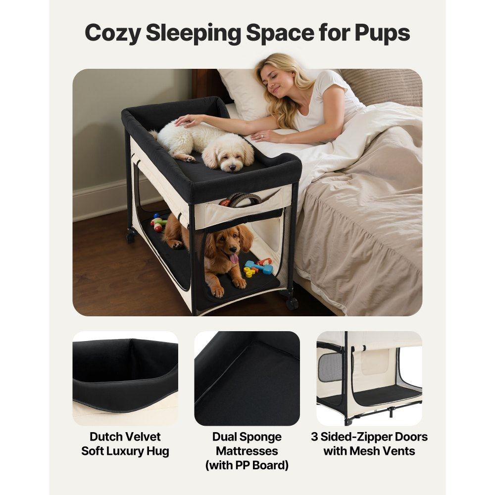 VEVOR Elevated Lounge Pet Bed, Foldable Bunk Dog Bed with 600D Oxford Cloth and Dutch Velvet, Portable Raised Cot with Wheels, Side Storage Bags, and Carry Bag for Cats & Dogs, XL, Beige
