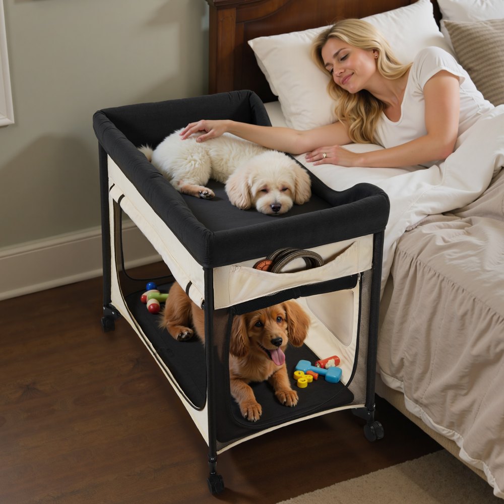 VEVOR Elevated Lounge Pet Bed, Foldable Bunk Dog Bed with 600D Oxford Cloth and Dutch Velvet, Portable Raised Cot with Wheels, Side Storage Bags, and Carry Bag for Cats & Dogs, XL, Beige