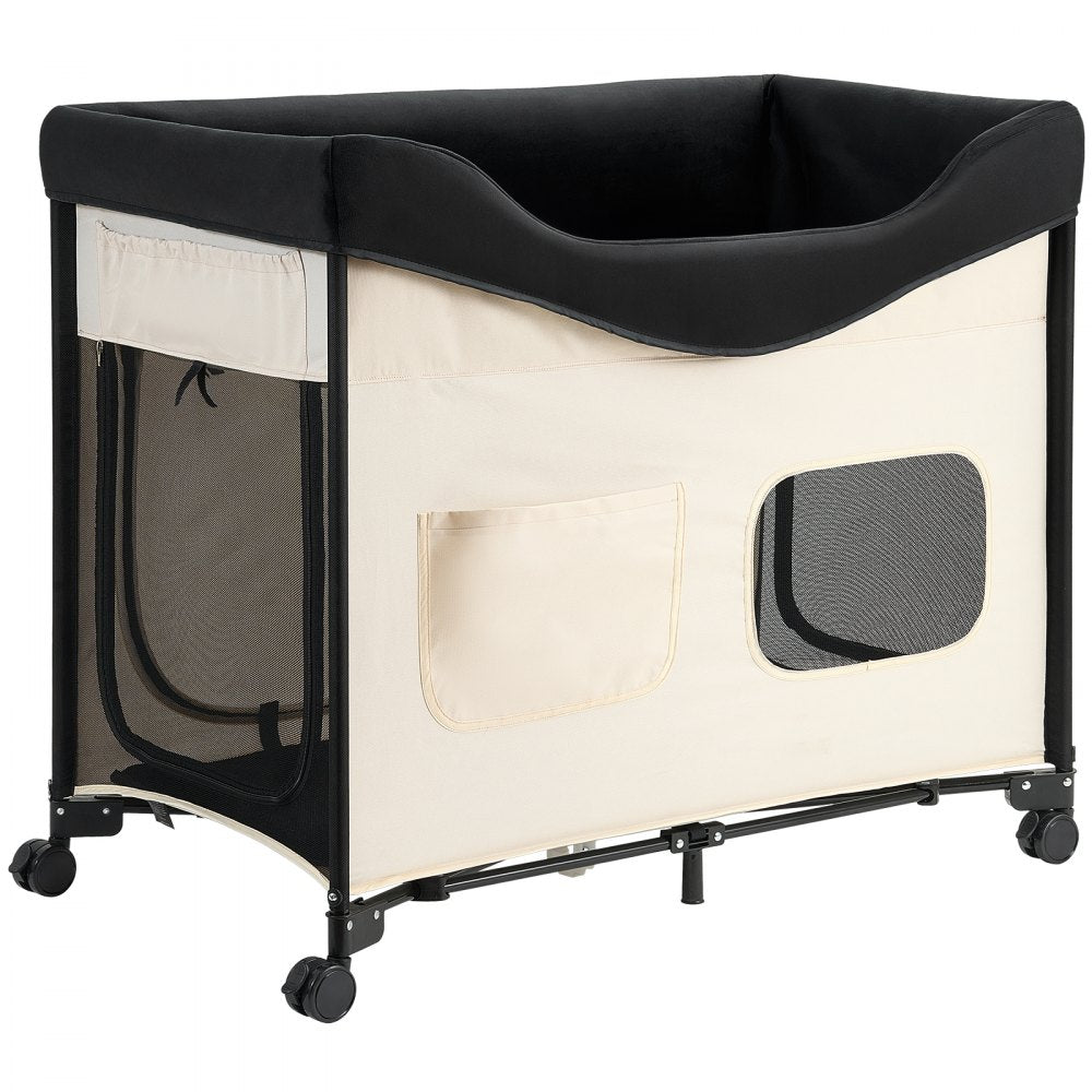 VEVOR Elevated Lounge Pet Bed, Foldable Bunk Dog Bed with 600D Oxford Cloth and Dutch Velvet, Portable Raised Cot with Wheels, Side Storage Bags, and Carry Bag for Cats & Dogs, XL, Beige