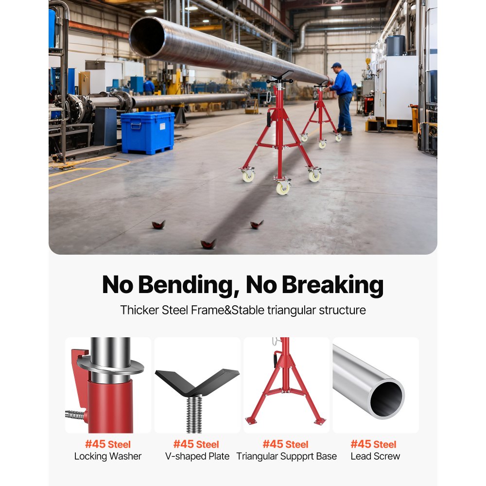 VEVOR Pipe Stand, V Head Pipe Jack Stand Adjustable Height 28-52 Inch, 2500LBS Pipe Jack Stands with Casters, Folding Portable Pipe Stands for 1/8 to 12 Inch Pipe Supporting