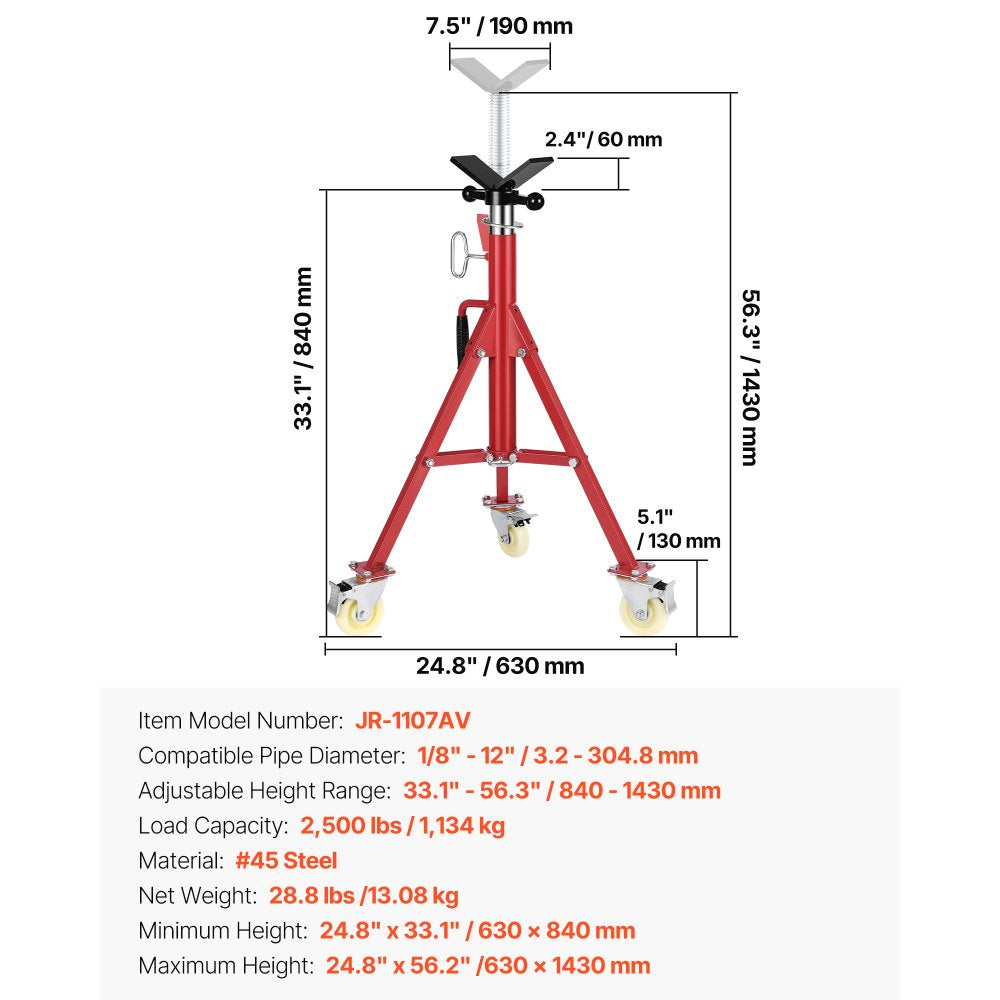 VEVOR Pipe Stand, V Head Pipe Jack Stand Adjustable Height 28-52 Inch, 2500LBS Pipe Jack Stands with Casters, Folding Portable Pipe Stands for 1/8 to 12 Inch Pipe Supporting