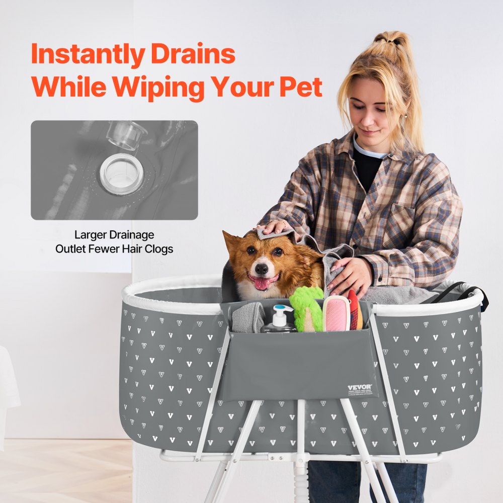 VEVOR Portable Dog Bathtub, Elevated & Foldable Space-saving Pet Shower Station with Efficient Drainage, Bathing Tub for Washing & Grooming Small and Medium Size Dogs and Cats Indoor & Outdoor, Grey