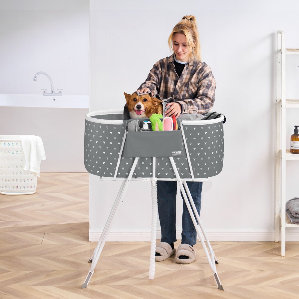VEVOR Portable Dog Bathtub, Elevated & Foldable Space-saving Pet Shower Station with Efficient Drainage, Bathing Tub for Washing & Grooming Small and Medium Size Dogs and Cats Indoor & Outdoor, Grey