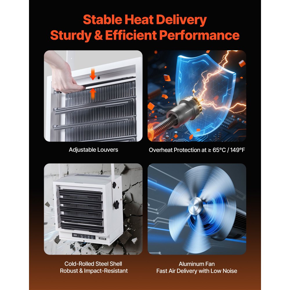 VEVOR Electric Garage Heater, 10000-Watt with Remote Control & 10 Hour Timer & Overheat Protection Wall/Ceiling Mounted Shop Heater, Commercial Fan-forced for Indoor Workshop Warehouse,240V White