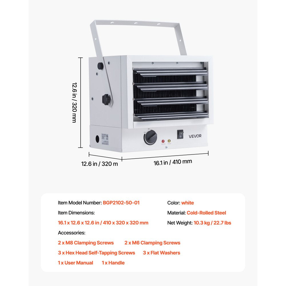 VEVOR Electric Garage Heater, 5000-Watt Wall/Ceiling Mounted Shop Heater for 2 Cars, Overheat Protection & 3 Adjustable Angles, Heavy Duty Commercial for Indoor Workshop Warehouse,240V White