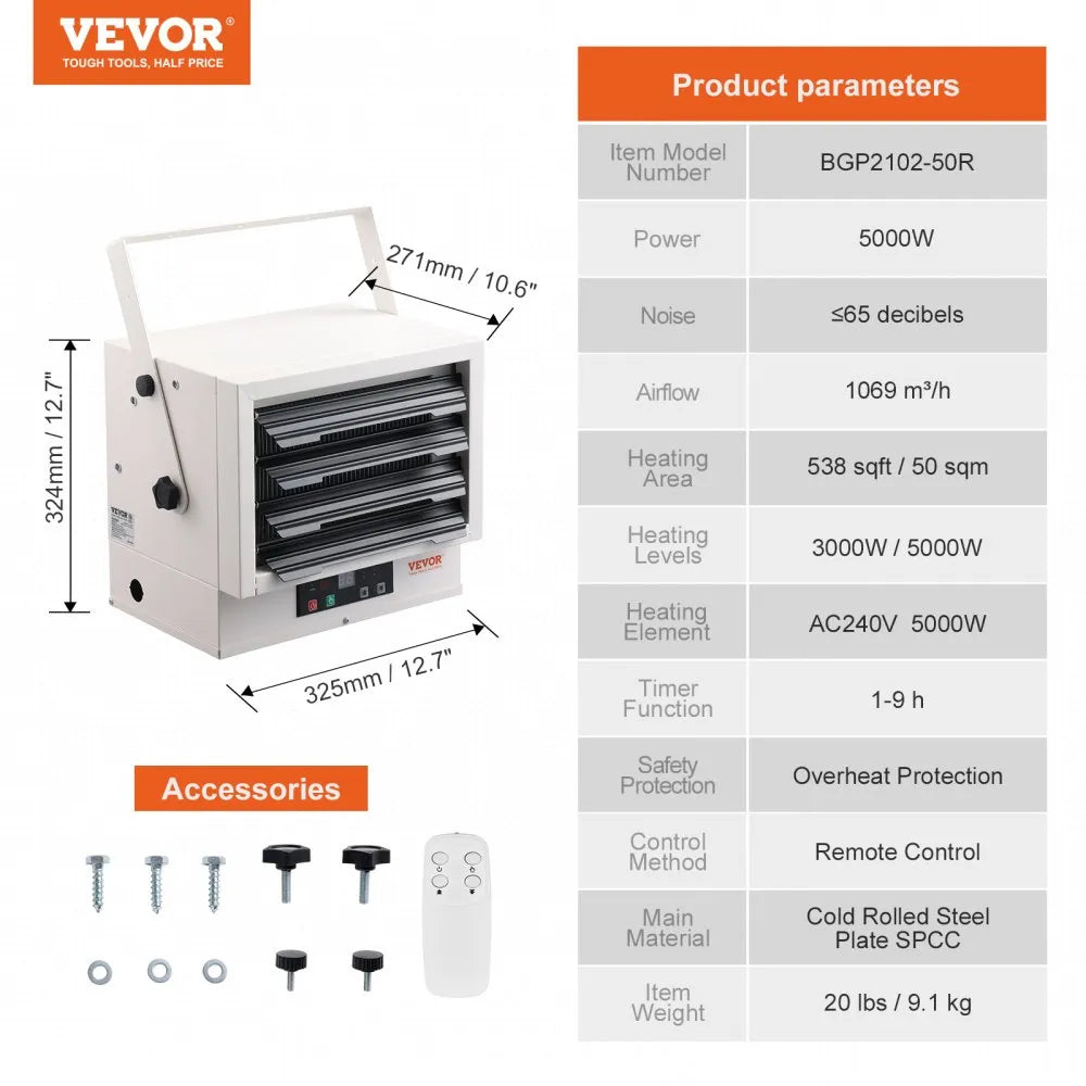 VEVOR Electric Garage Heater, 5000-Watt Digital Fan-Forced Wall/Ceiling Mount Shop Heater, with Remote Control Overheat Protection, Hardwired Heater with 9-Hour Timer, Ideal for Workshop, ETL Listed