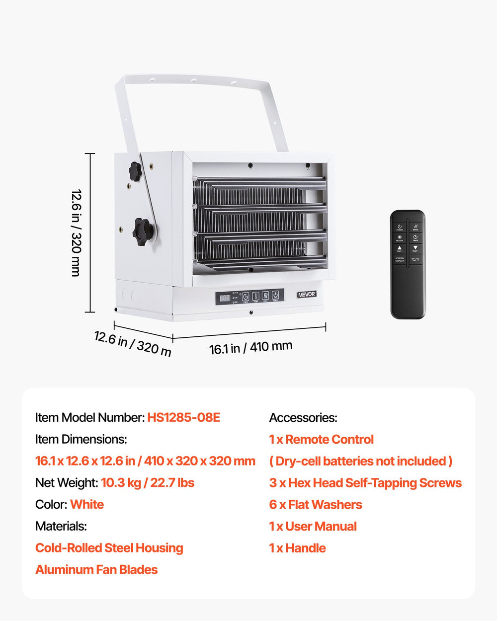 VEVOR Electric Garage Heater, 8500-Watt with Remote Control & 10 Hour Timer & Overheat Protection Wall/Ceiling Mounted Shop Heater, Commercial Fan-forced for Indoor Workshop Warehouse,240V White