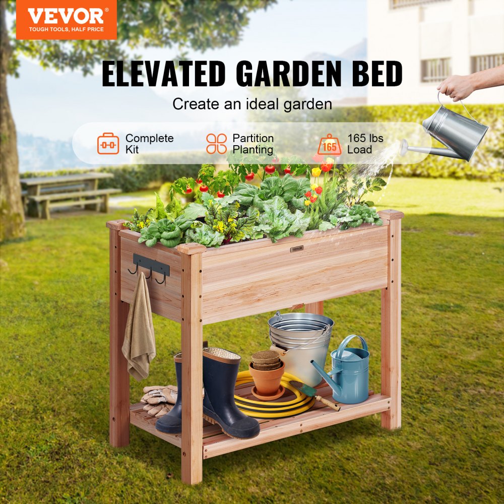 VEVOR Raised Garden Bed, 34 x 18 x 30 in Wooden Planter Box, Elevated Outdoor Planting Boxes with Legs, for Growing Flowers/Vegetables/Herbs in Backyard/Garden/Patio/Balcony, Burlywood