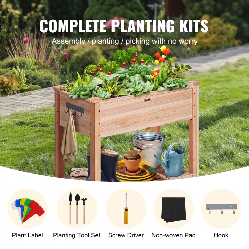 VEVOR Raised Garden Bed, 34 x 18 x 30 in Wooden Planter Box, Elevated Outdoor Planting Boxes with Legs, for Growing Flowers/Vegetables/Herbs in Backyard/Garden/Patio/Balcony, Burlywood