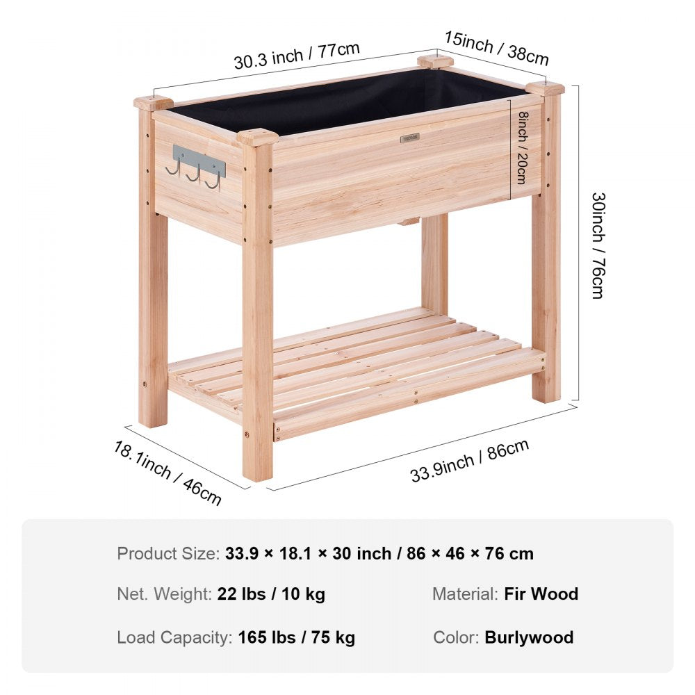 VEVOR Raised Garden Bed, 34 x 18 x 30 in Wooden Planter Box, Elevated Outdoor Planting Boxes with Legs, for Growing Flowers/Vegetables/Herbs in Backyard/Garden/Patio/Balcony, Burlywood