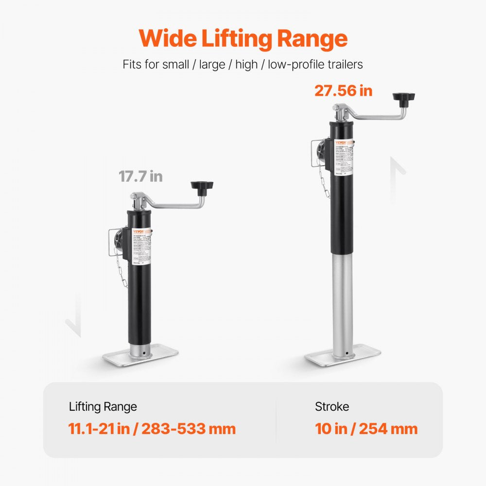 VEVOR Trailer Jack, 2000 lbs Dynamic Load Capacity, Weld-on Pipe-Mount Swivel Trailer Jack, 10" Lift Trailer Jack Stand with Handle for RV Trailer, Horse Trailer, Utility Trailer, and Yacht Trailer